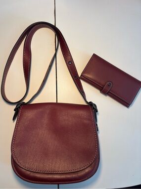 Coach 1941 Burgundy Glovetanned Leather Saddle Bag 23 and Flap Wallet Set